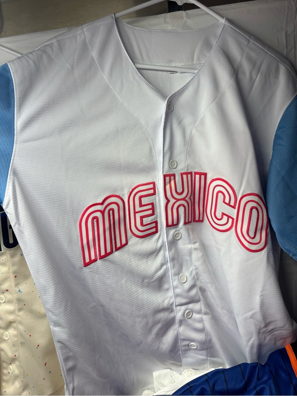 White & Light Blue 'Mexico' mens Baseball Jersey